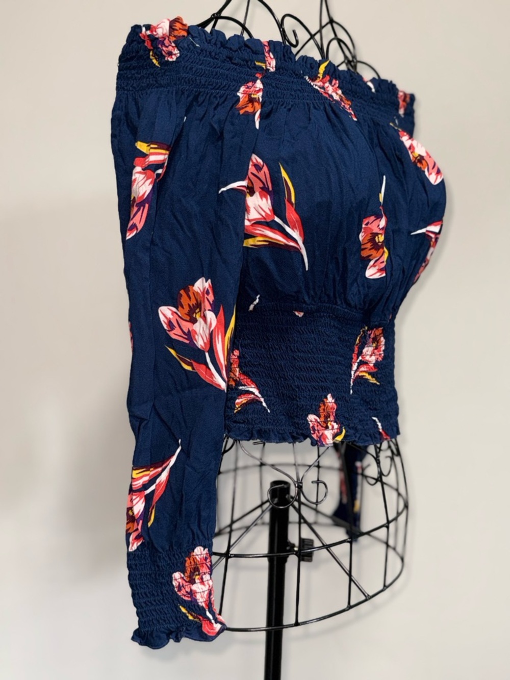 Express Navy Floral Off-Shoulder Smocked Waist Blouse - Picture 6 of 11